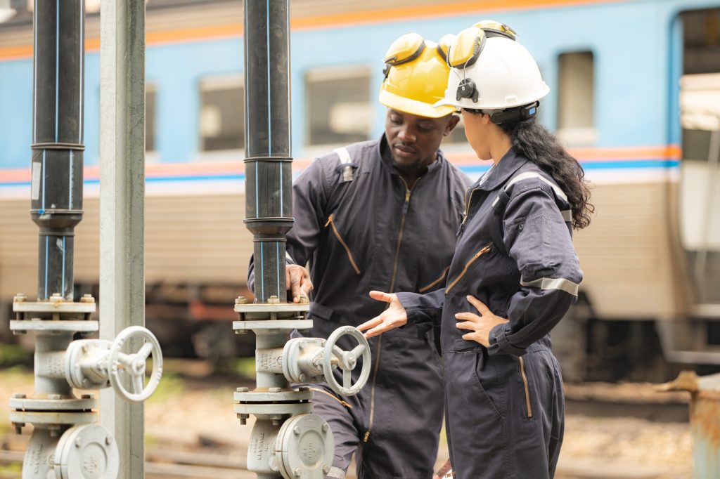 Railway technicians and engineers inspect is being done on the railway's oil and gas distribution